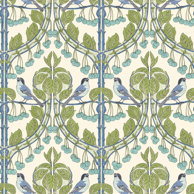 G P & J Baker BIRDS & CHERRIES GREEN/BLUE Wallpaper