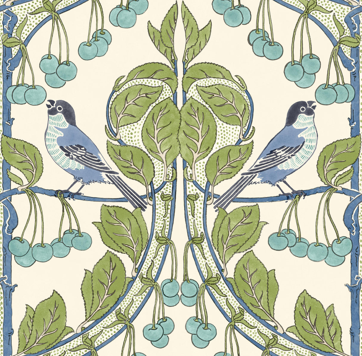 G P & J Baker BIRDS & CHERRIES GREEN/BLUE Wallpaper