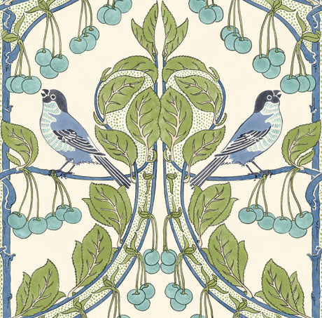 G P & J Baker BIRDS & CHERRIES GREEN/BLUE Wallpaper