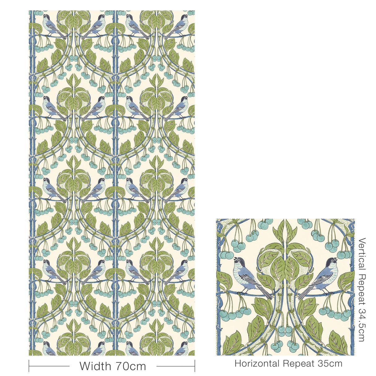 G P & J Baker BIRDS & CHERRIES GREEN/BLUE Wallpaper