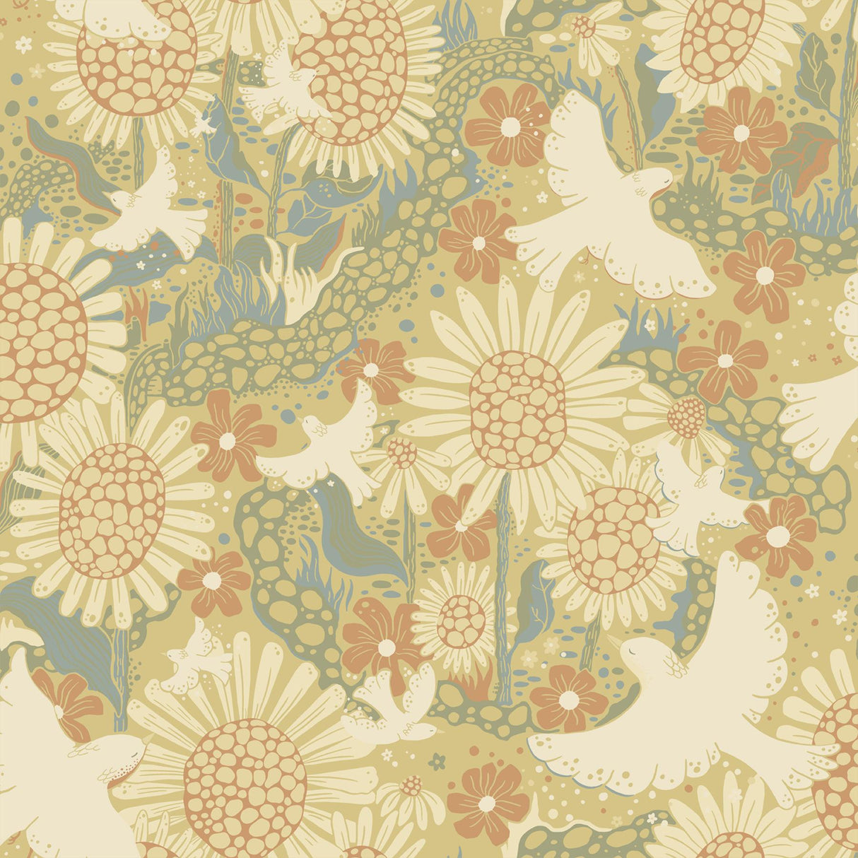 A-Street Prints Drömma Songbirds and Sunflowers Coral Wallpaper