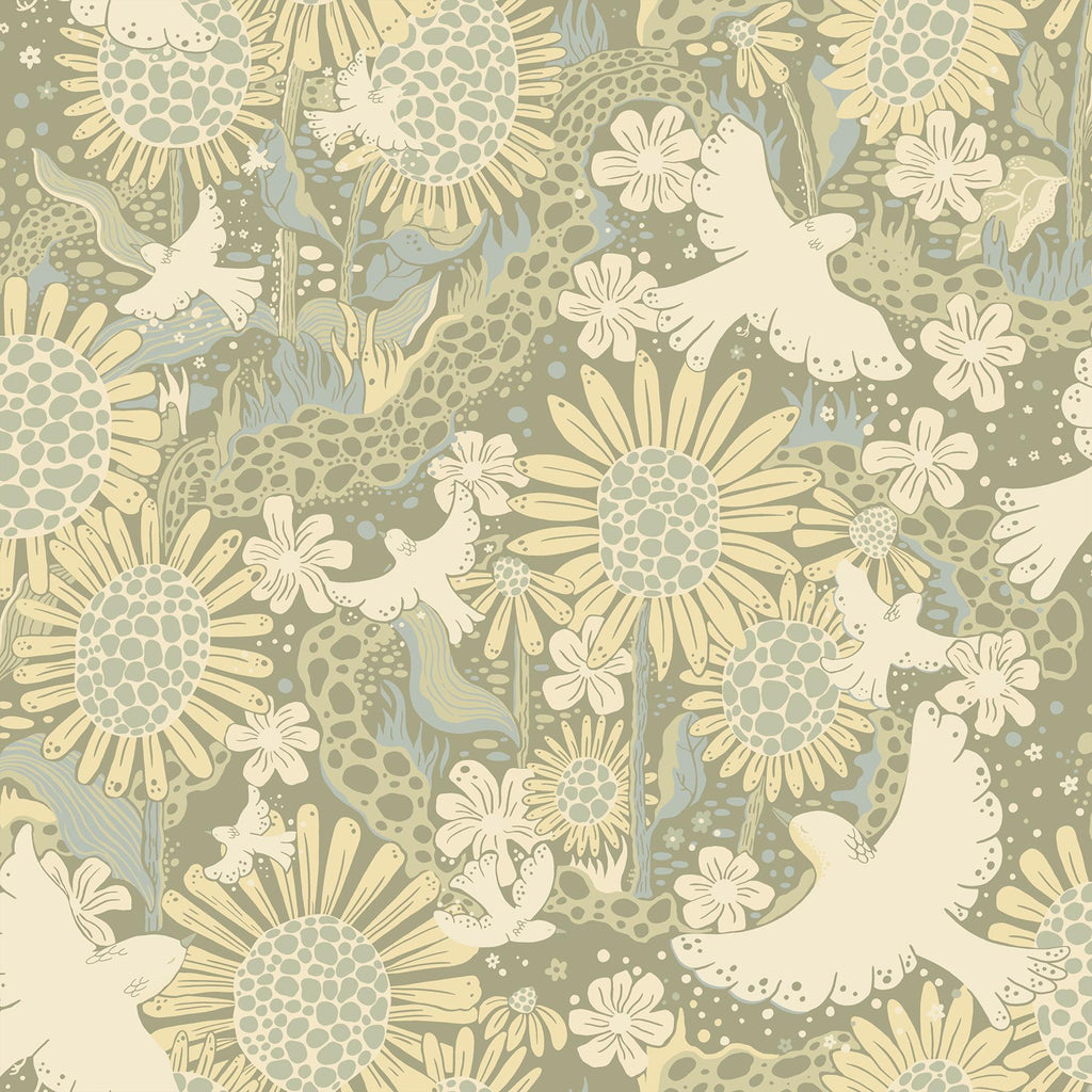 A-Street Prints Drömma Songbirds and Sunflowers Sage Wallpaper