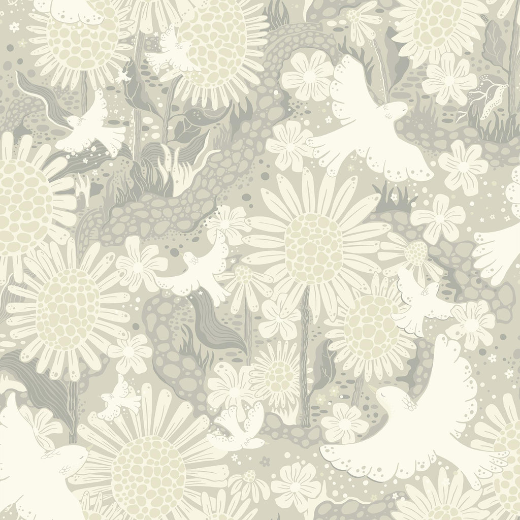 A-Street Prints Drömma Songbirds and Sunflowers Light Grey Wallpaper