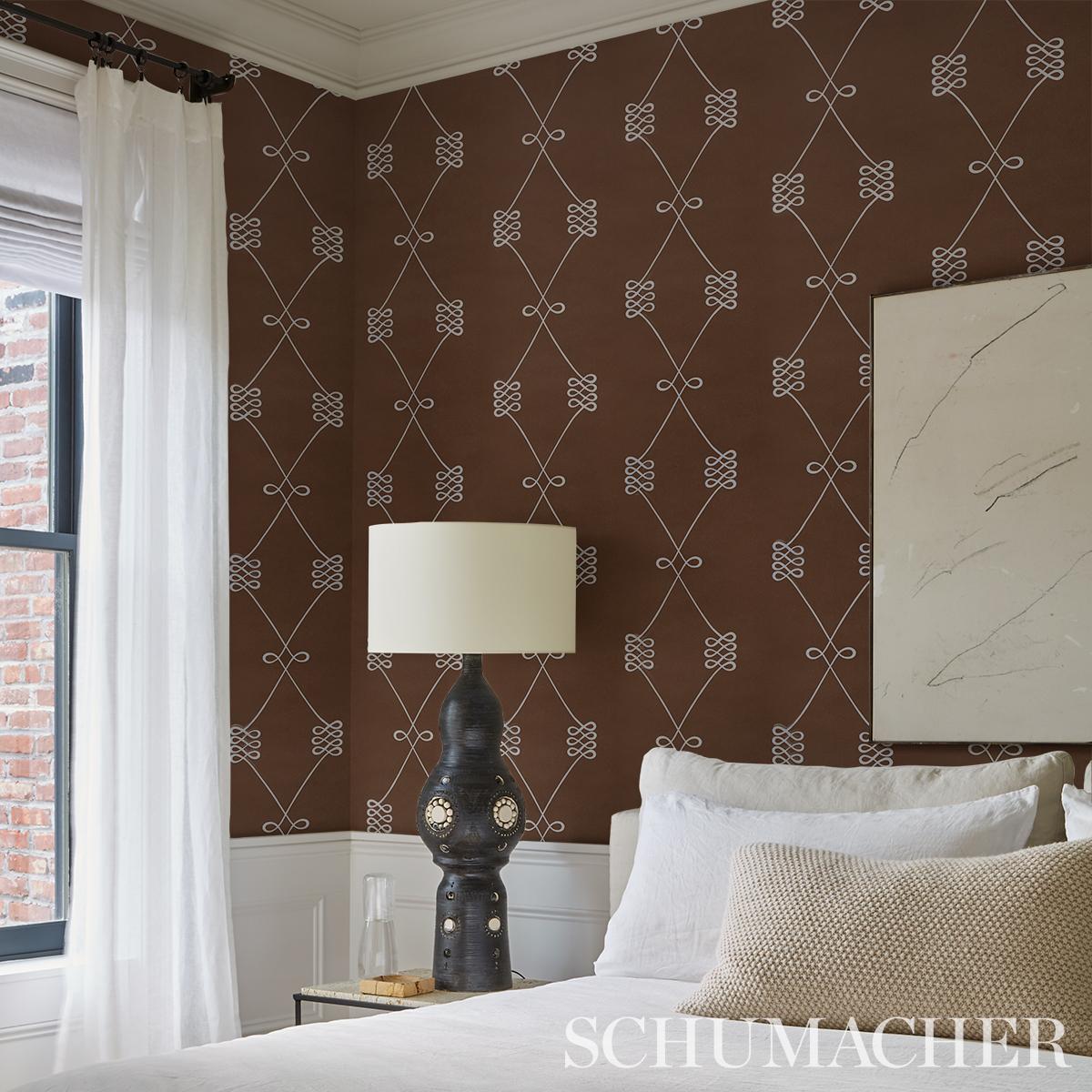 Schumacher Nicolette Silver On Brown Wallpaper