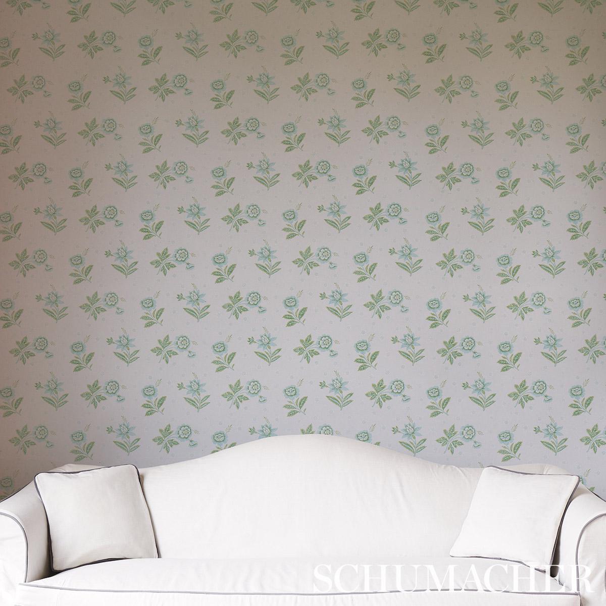 Schumacher Colline Leaf & Aqua Wallpaper
