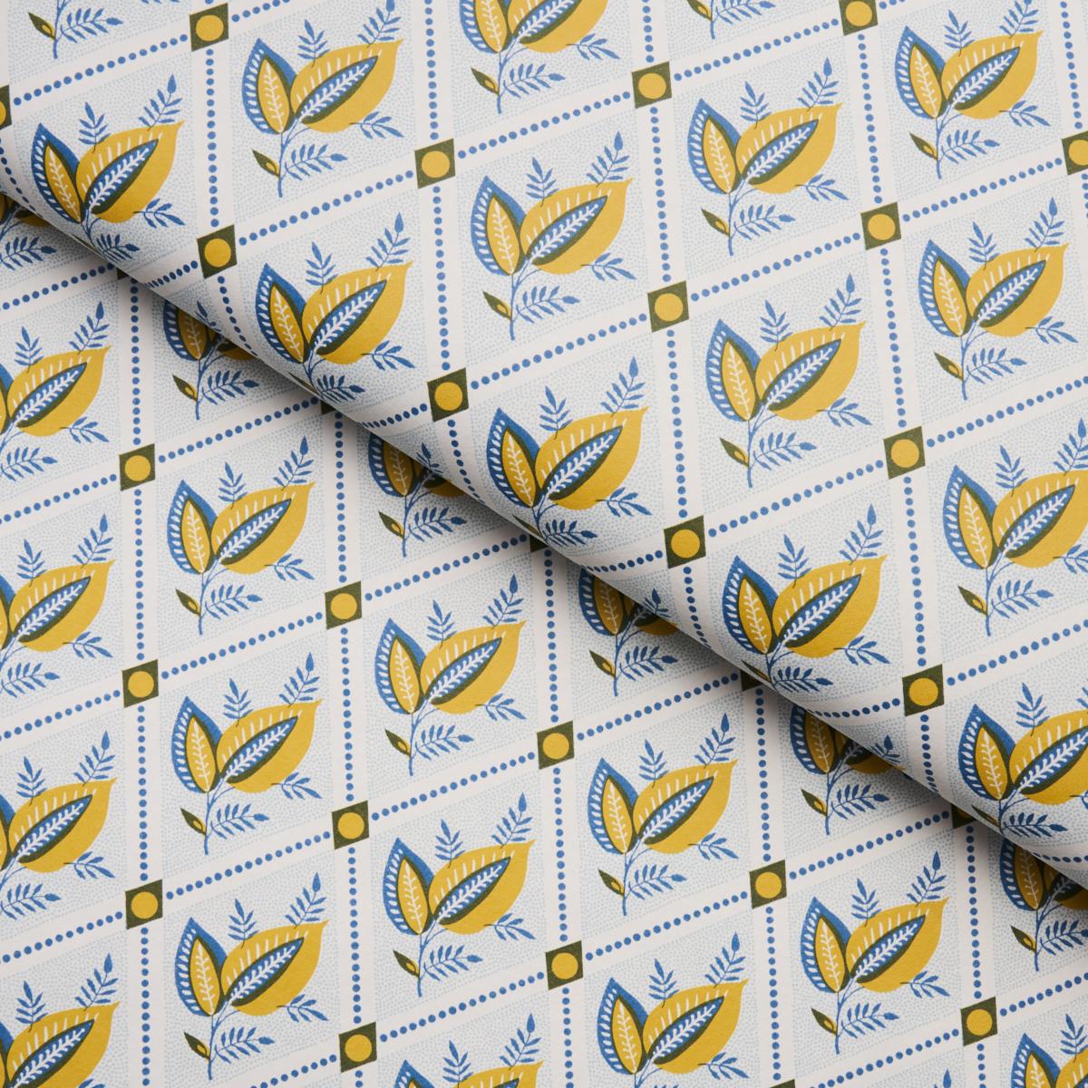 Schumacher Basile Trellis Yellow & Blue Wallpaper