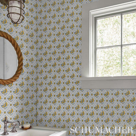 Schumacher Basile Trellis Yellow & Blue Wallpaper
