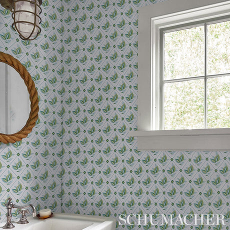 Schumacher Basile Trellis Leaf & Aqua Wallpaper