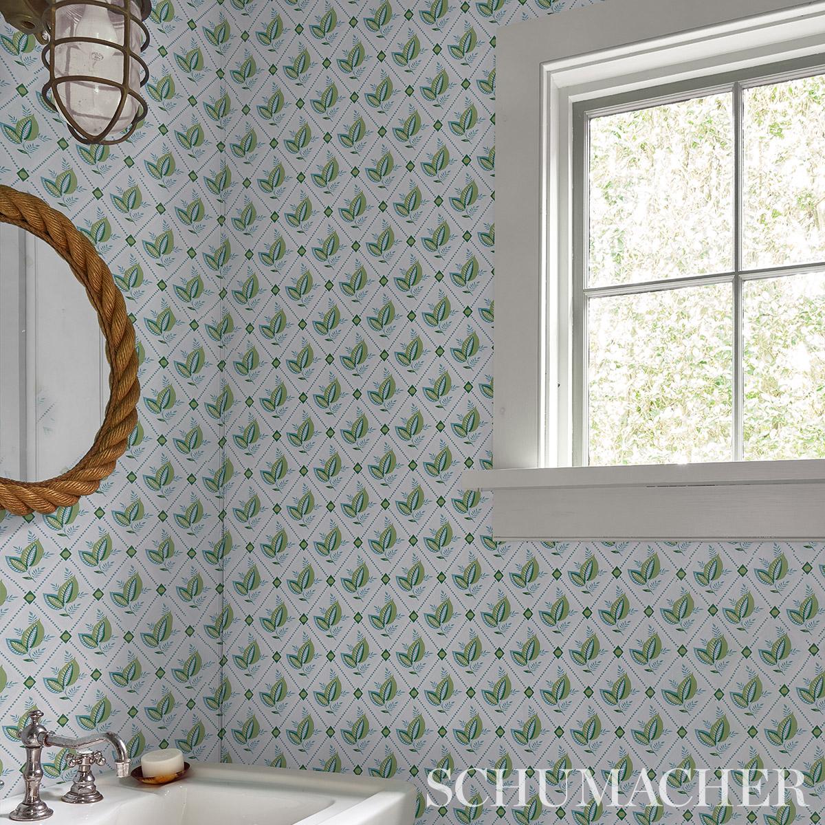 Schumacher Basile Trellis Leaf & Aqua Wallpaper – DecoratorsBest