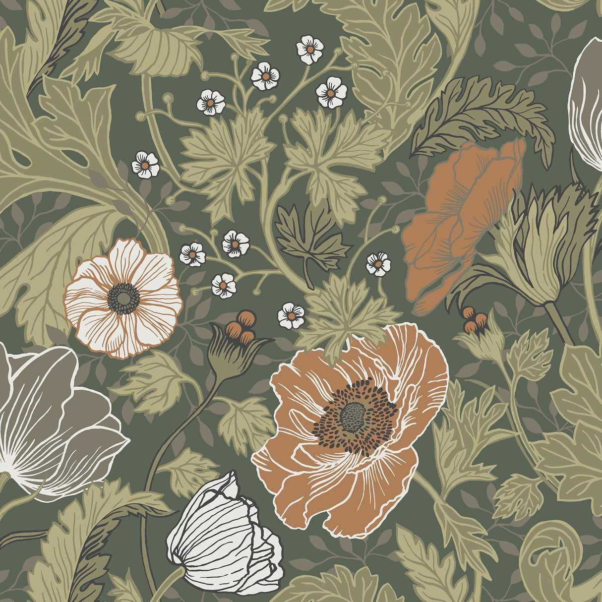 A-Street Prints Anemone Green Floral Dark Green Coral Wallpaper