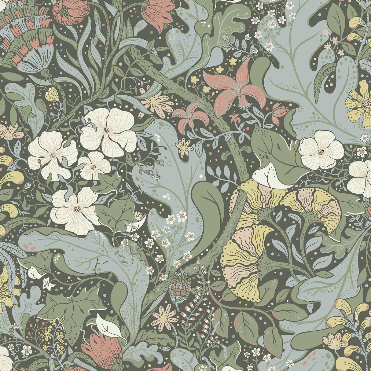 A-Street Prints Elise Green Nouveau Gardens Dark Green Blue Wallpaper