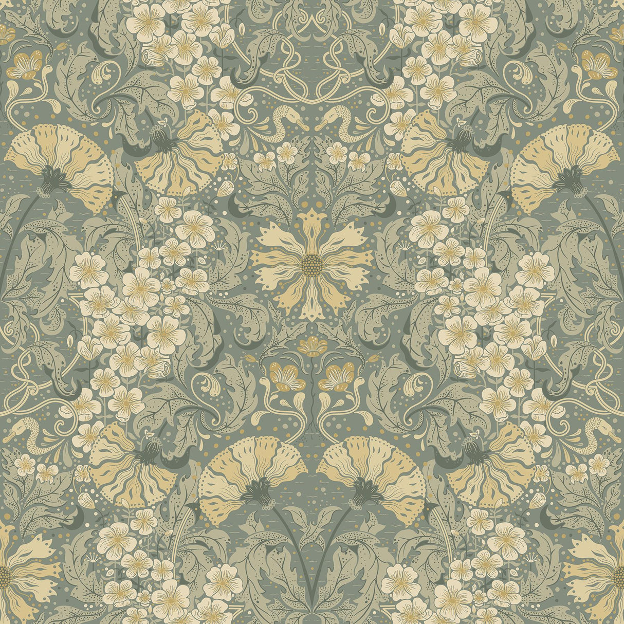 A-Street Prints Ojvind Sea Green Floral Ogee Green Apricot Wallpaper