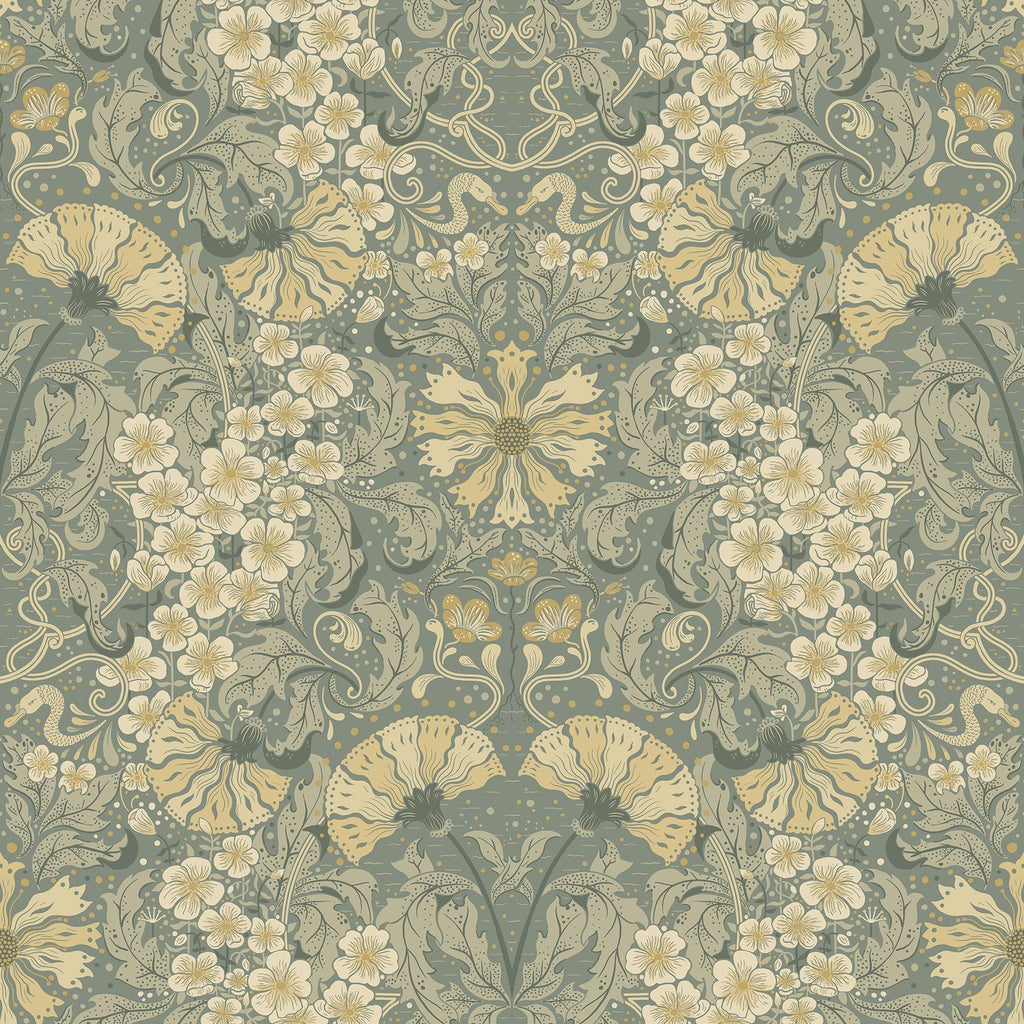 A-Street Prints Ojvind Sea Green Floral Ogee Green Apricot Wallpaper