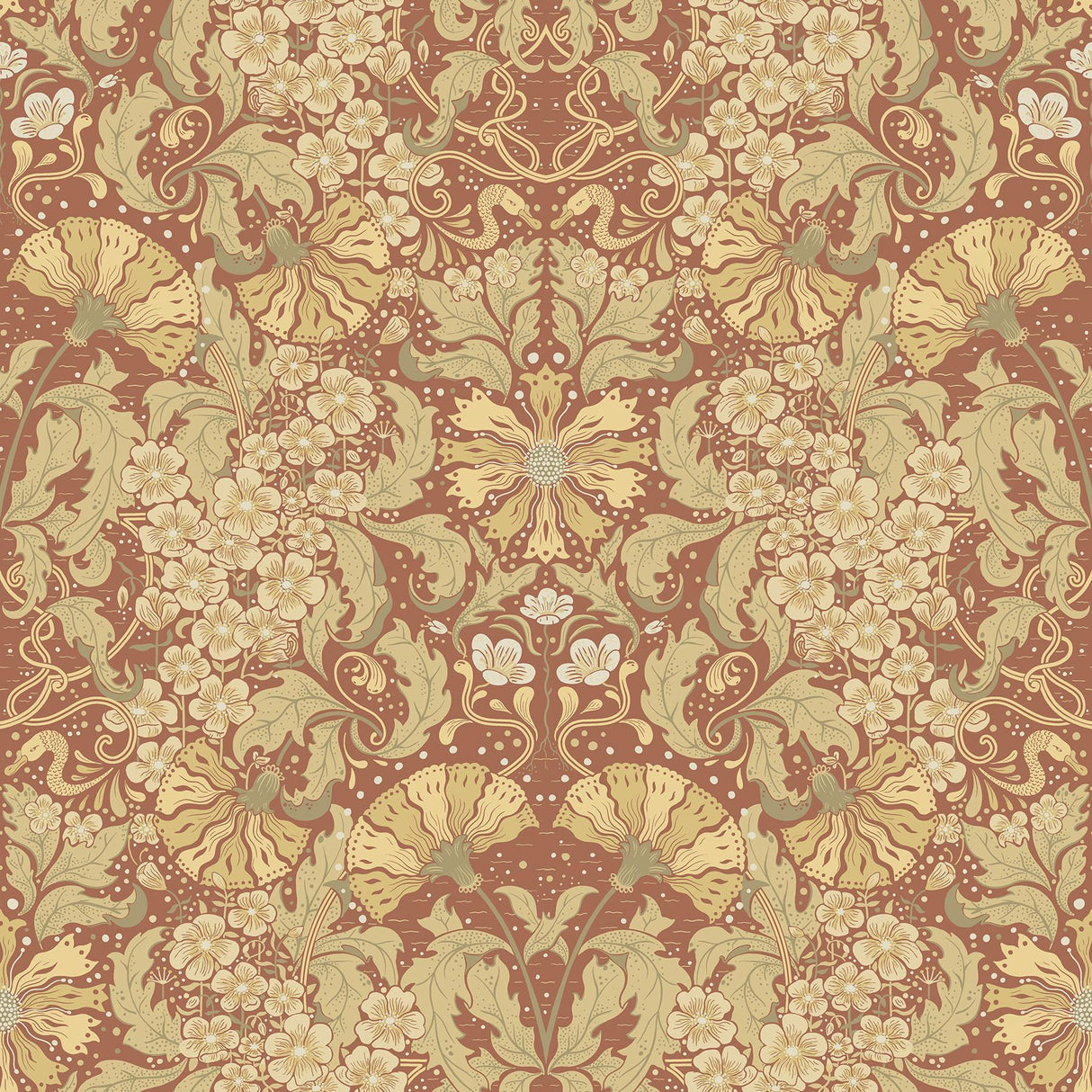 A-Street Prints Ojvind Rust Floral Ogee Cinnibar Maize Wallpaper