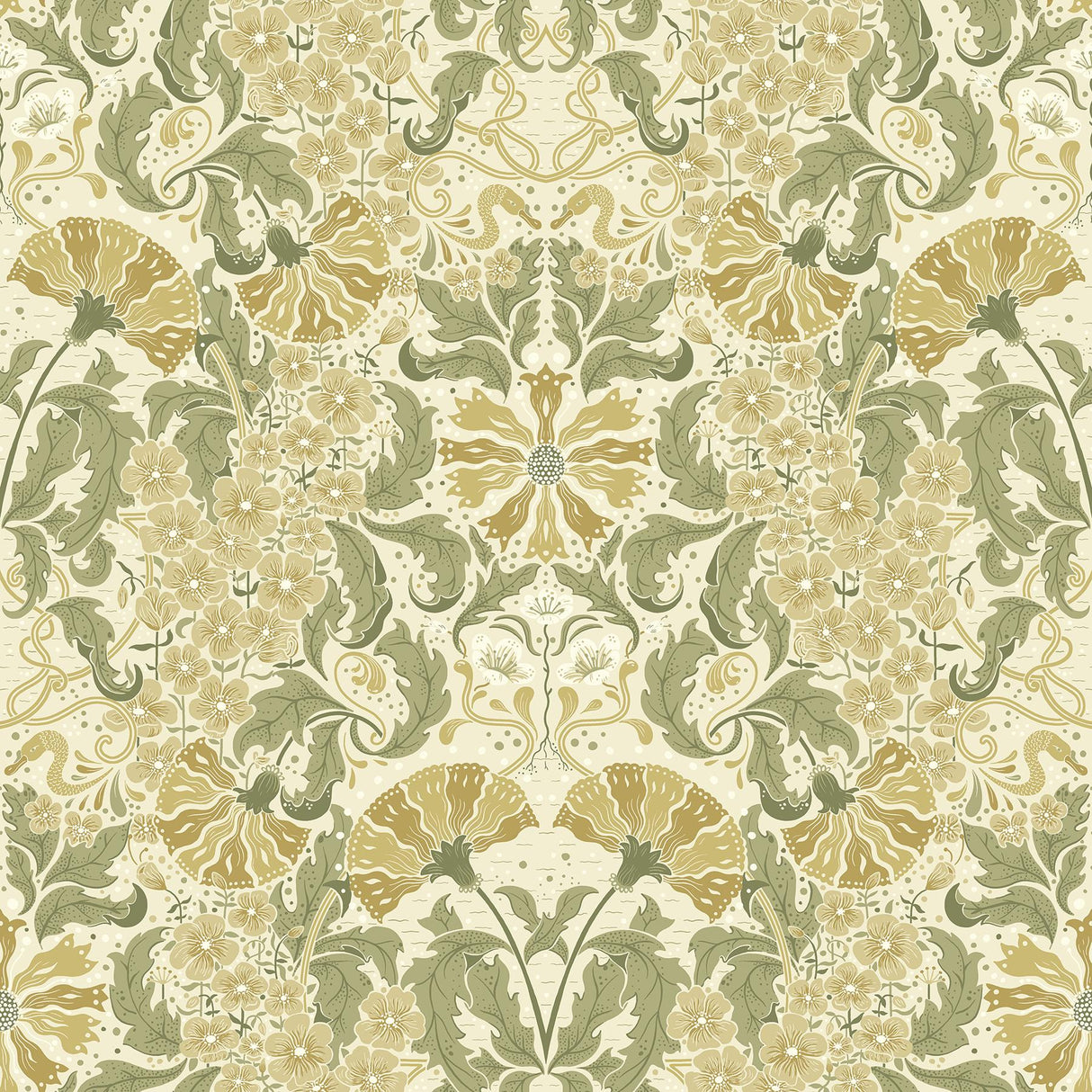A-Street Prints Ojvind Gold Floral Ogee Cream Butter Green Wallpaper