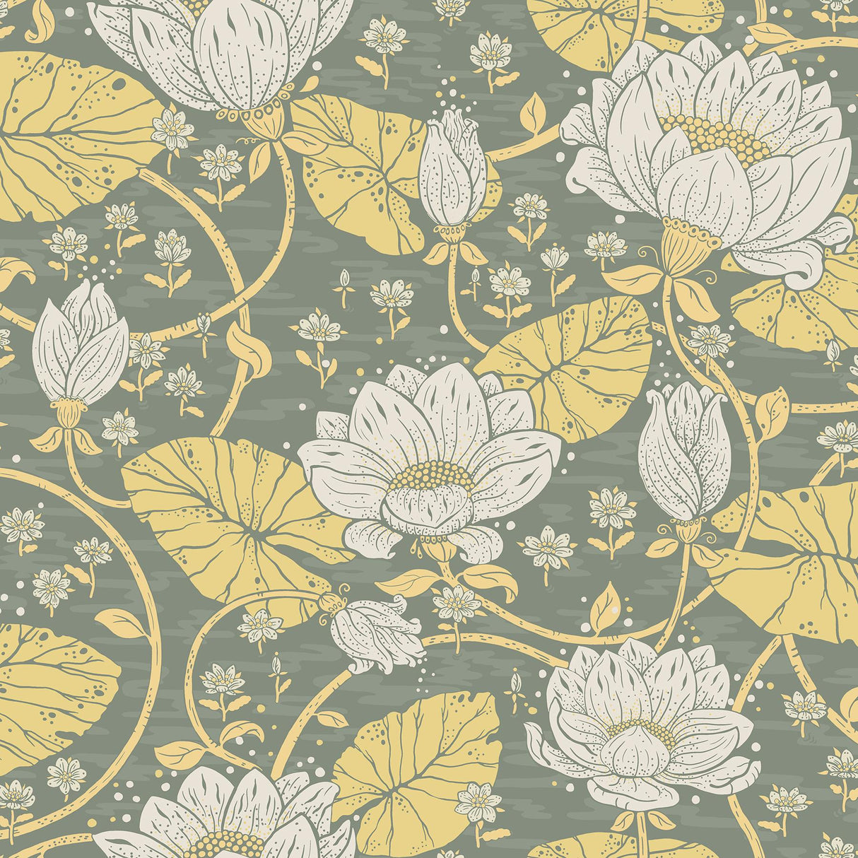 A-Street Prints Eva Yellow Lotus Dreams Green Apricot Wallpaper