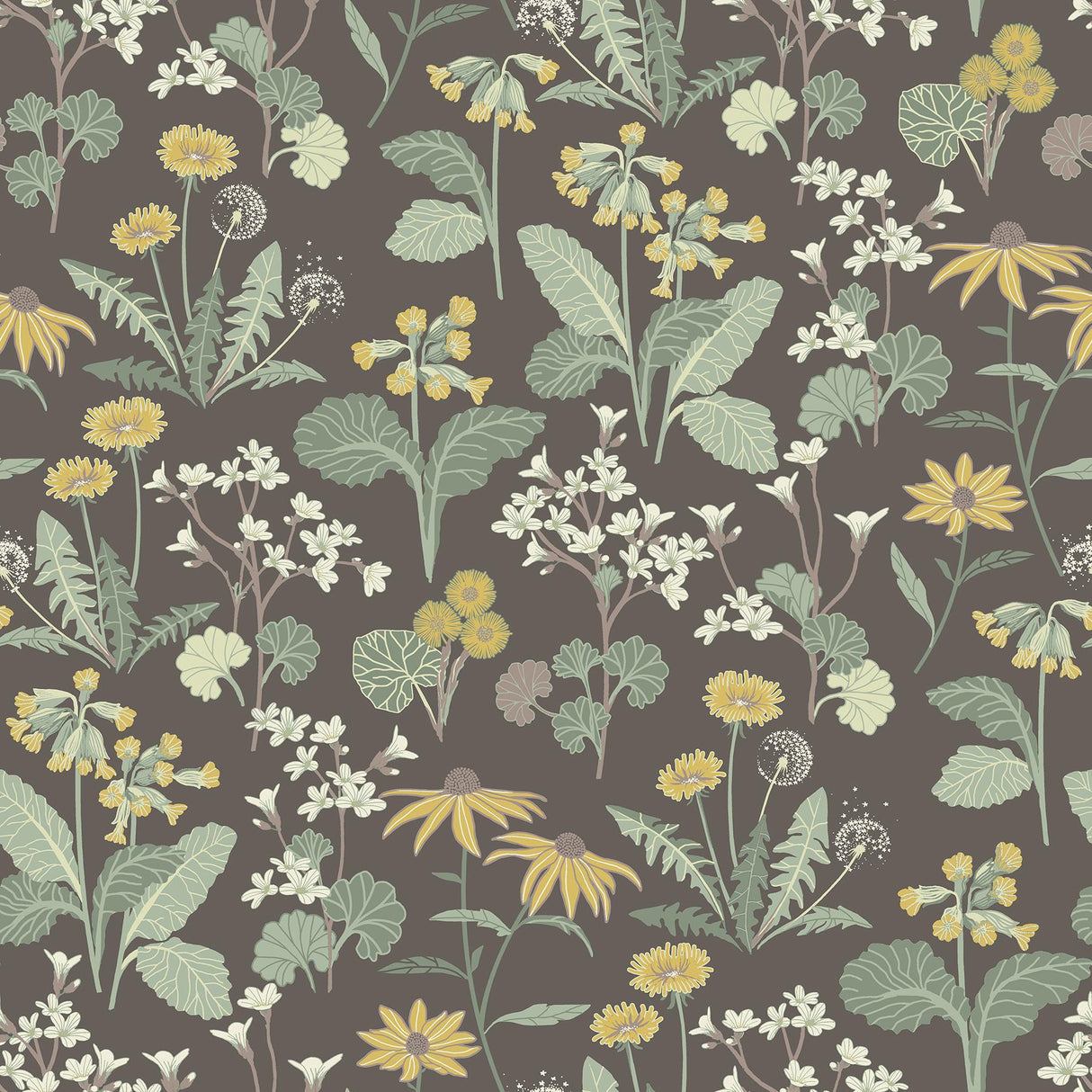 A-Street Prints Magdalena Charcoal Dandelion Charcoal Green Gold Wallpaper