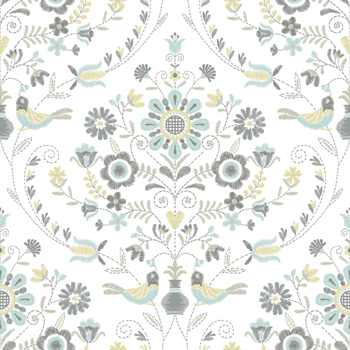 A-Street Prints Britt Sea Green Embroidered Damask Wallpaper
