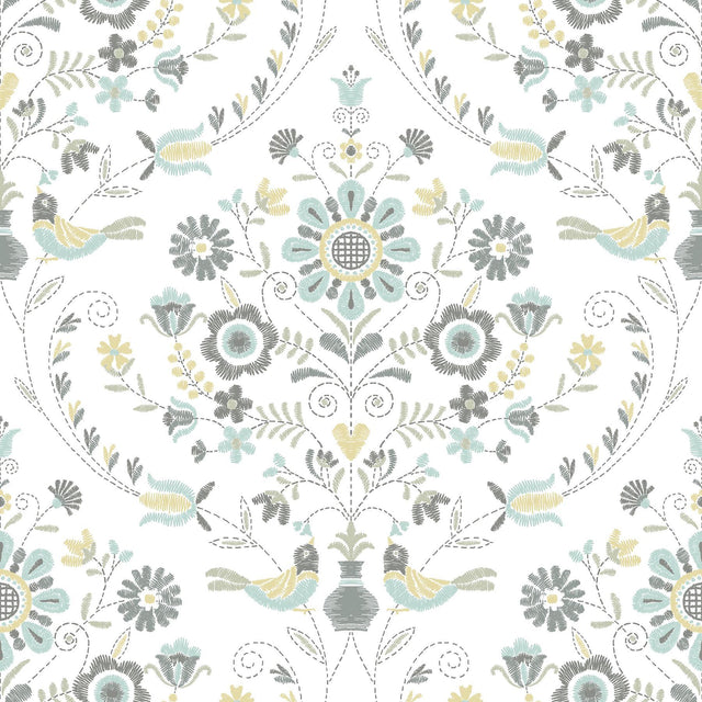 A-Street Prints Britt Sea Green Embroidered Damask Wallpaper