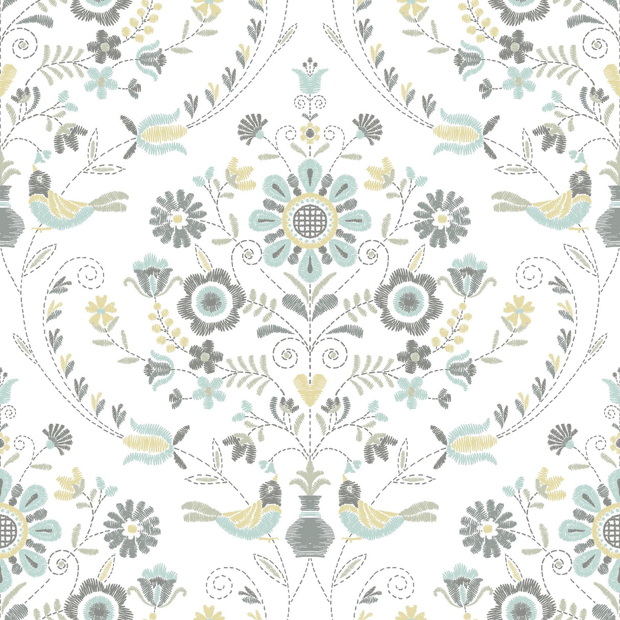 A-Street Prints Britt Embroidered Damask Sea Green Wallpaper