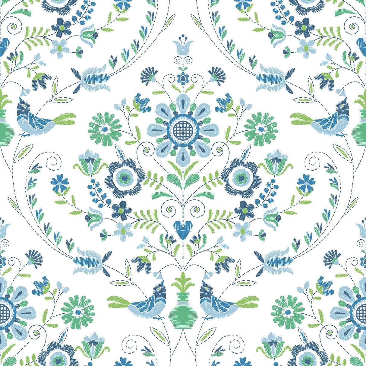 A-Street Prints Britt Sapphire Embroidered Damask Wallpaper