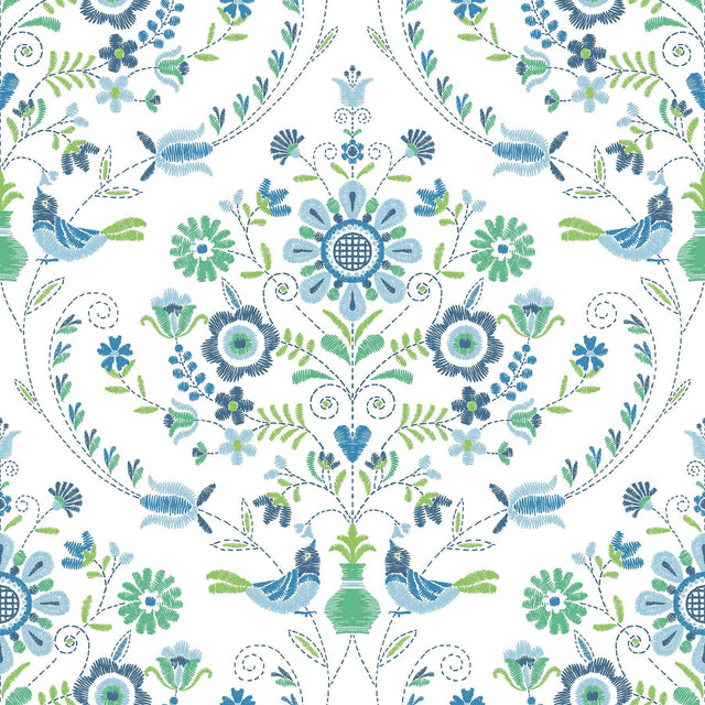 A-Street Prints Britt Sapphire Embroidered Damask Wallpaper