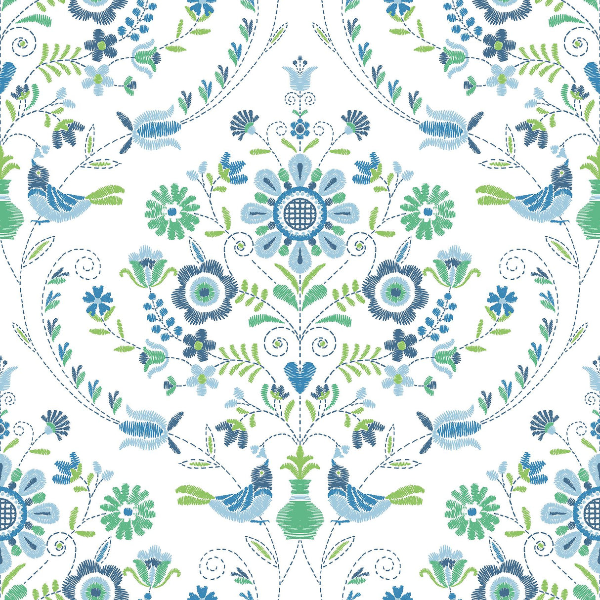A-Street Prints Britt Embroidered Damask Sapphire Wallpaper