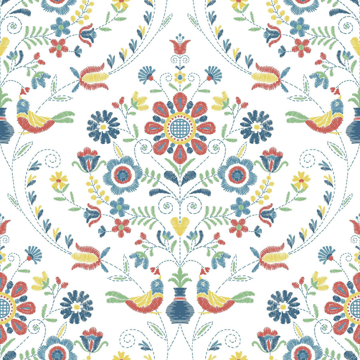 A-Street Prints Britt Multicolor Embroidered Damask Wallpaper