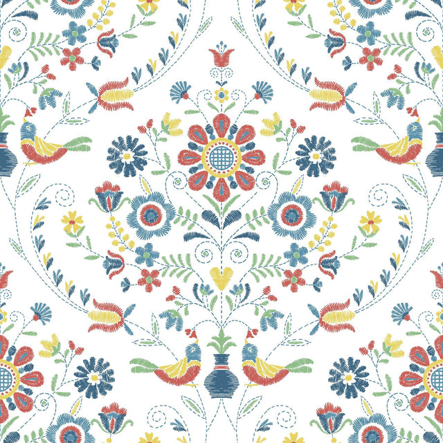 A-Street Prints Britt Multicolor Embroidered Damask Wallpaper