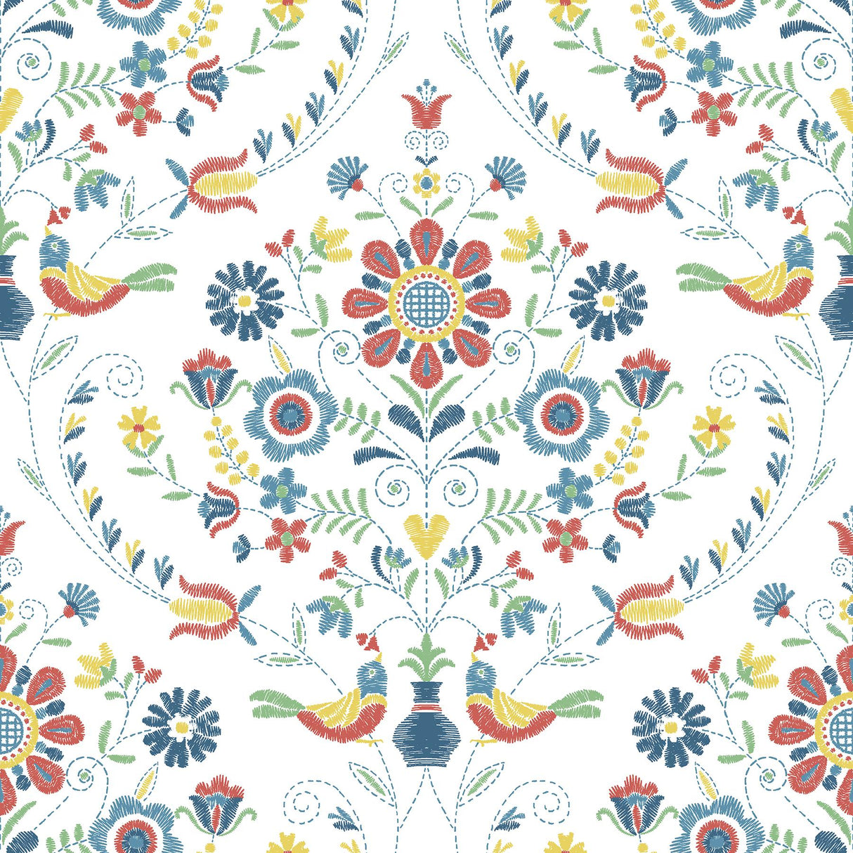 A-Street Prints Britt Embroidered Damask Multicolor Wallpaper