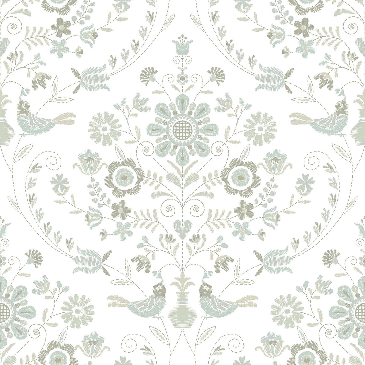 A-Street Prints Britt Neutral Embroidered Damask Wallpaper