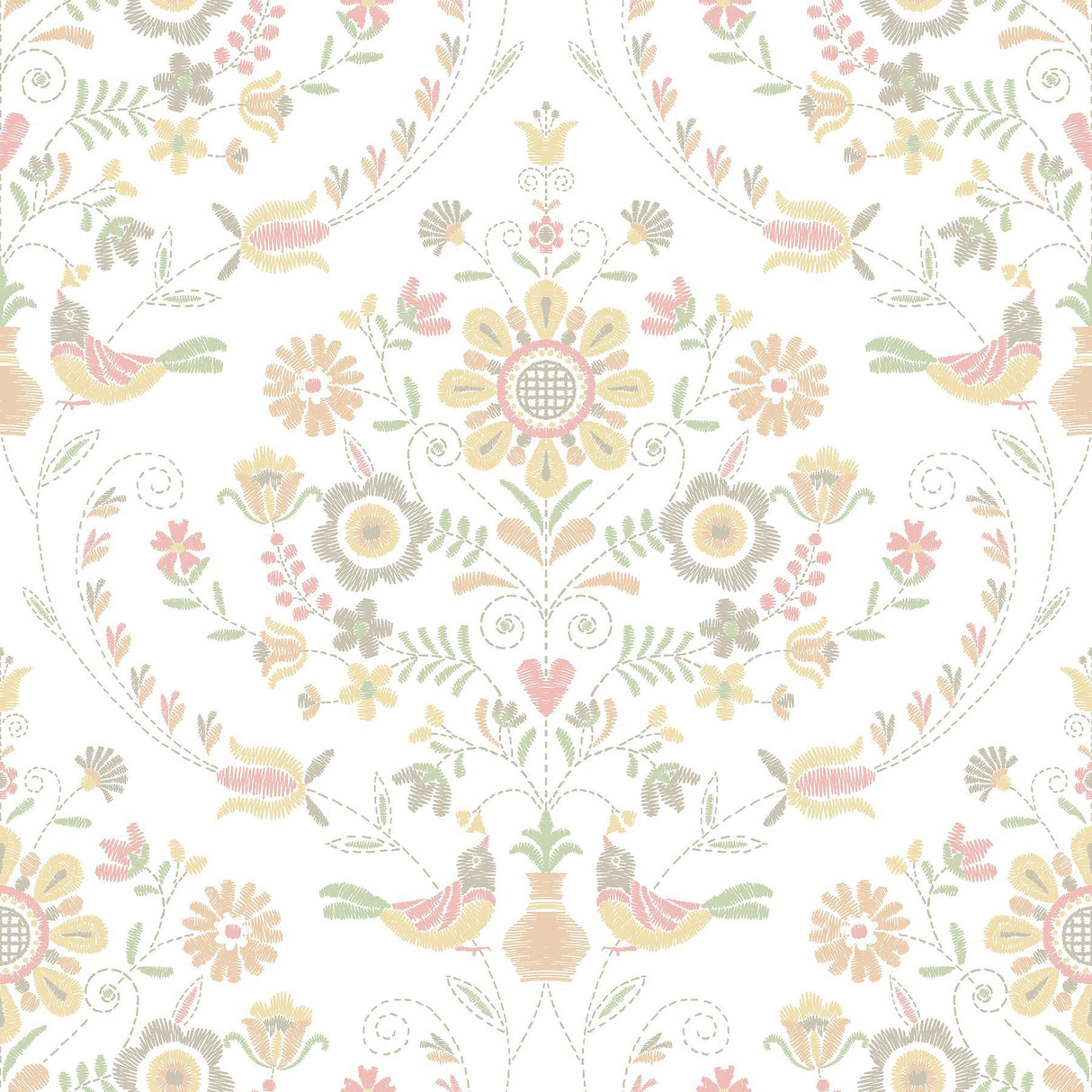 A-Street Prints Britt Peach Embroidered Damask Wallpaper