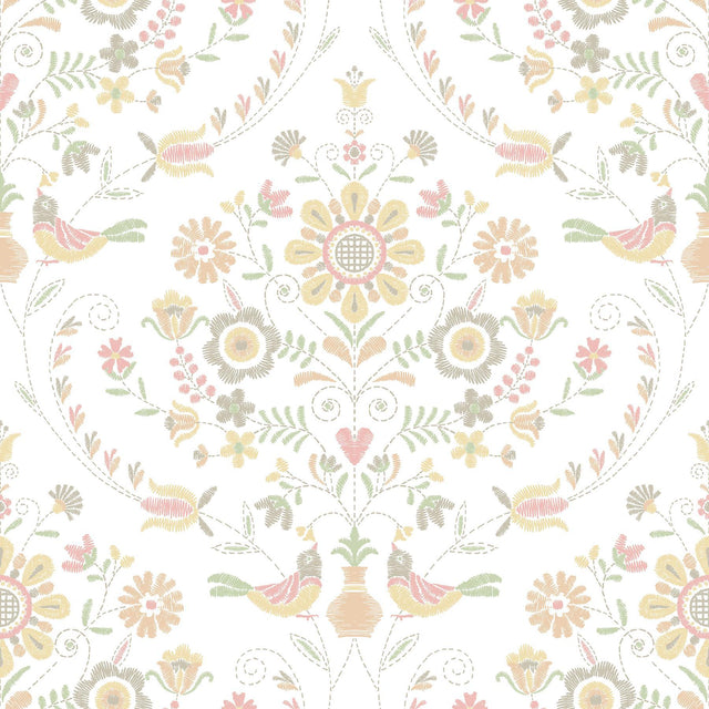 A-Street Prints Britt Peach Embroidered Damask Wallpaper