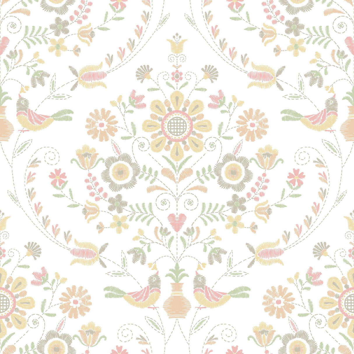 A-Street Prints Britt Embroidered Damask Peach Wallpaper