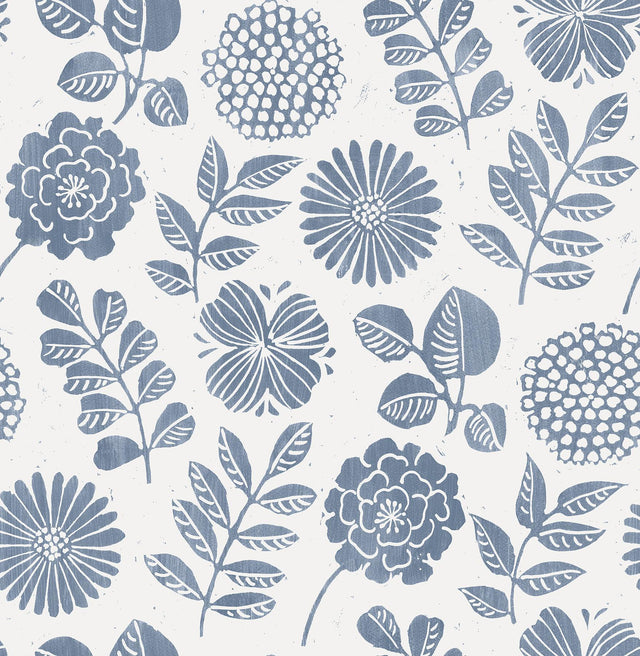 A-Street Prints Inge Denim Floral Block Print Wallpaper