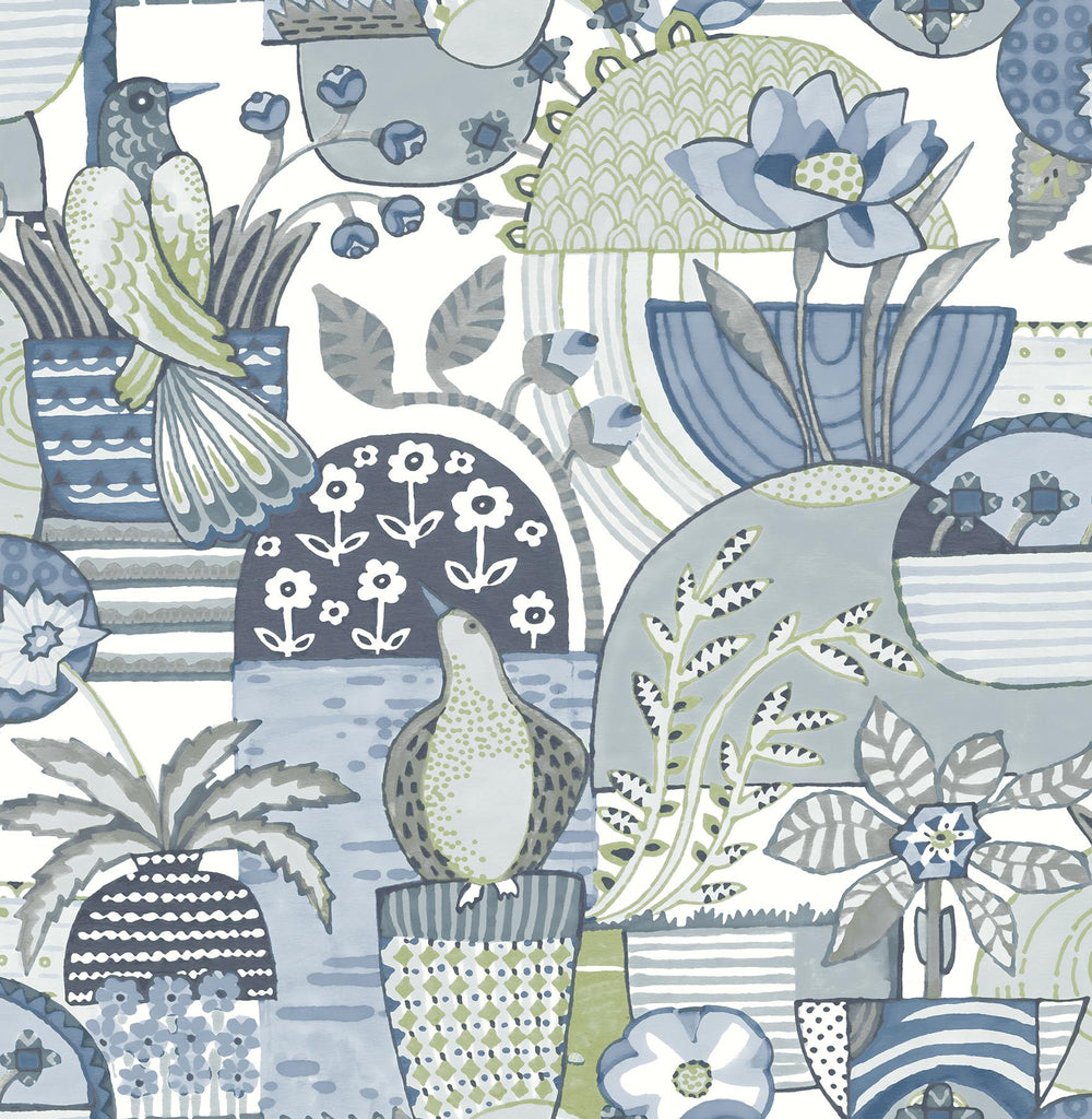 A-Street Prints Fika Blissful Birds & Blooms Blue Wallpaper