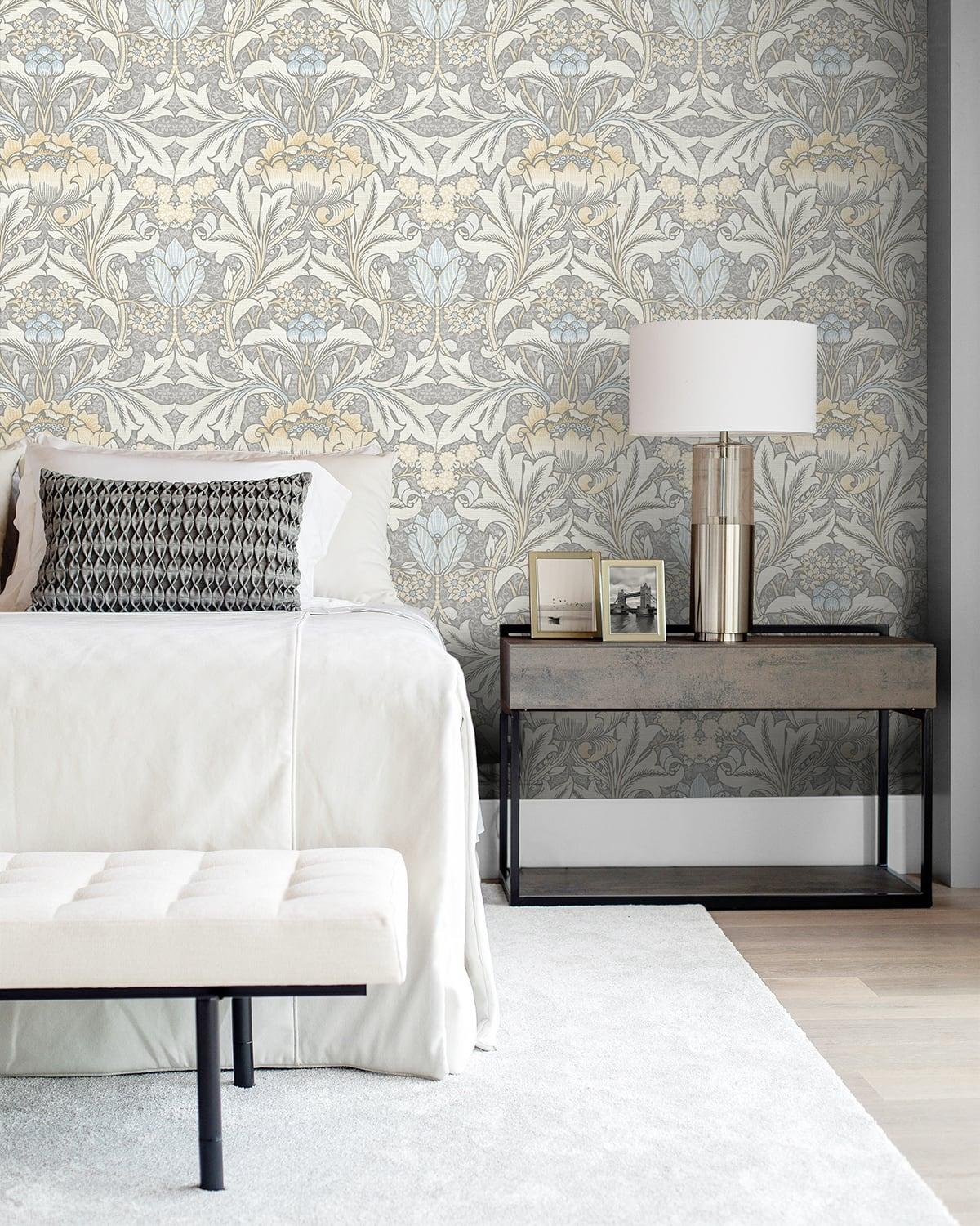 Seabrook Acanthus Floral Daydream Grey & Pearl Blue Wallpaper