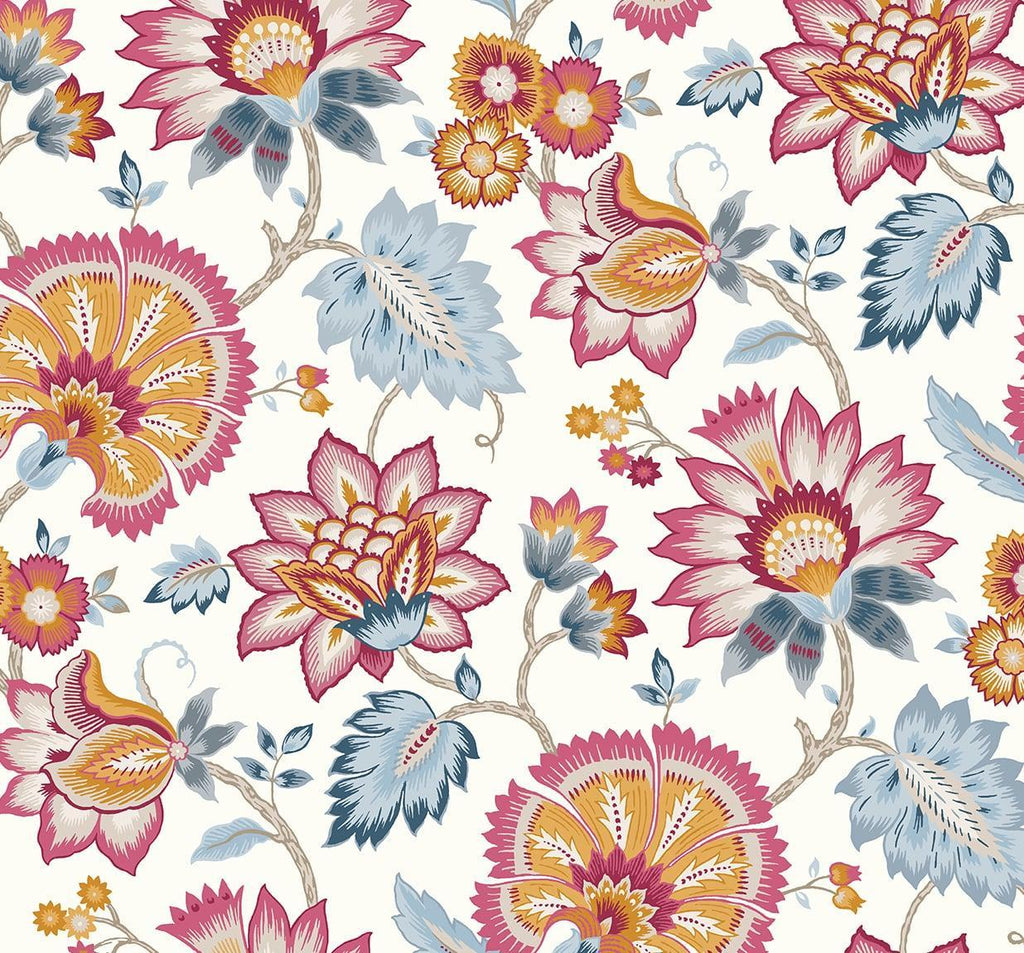 Seabrook Jacobean Blossom Floral Fandango Pink & Bluebird Wallpaper