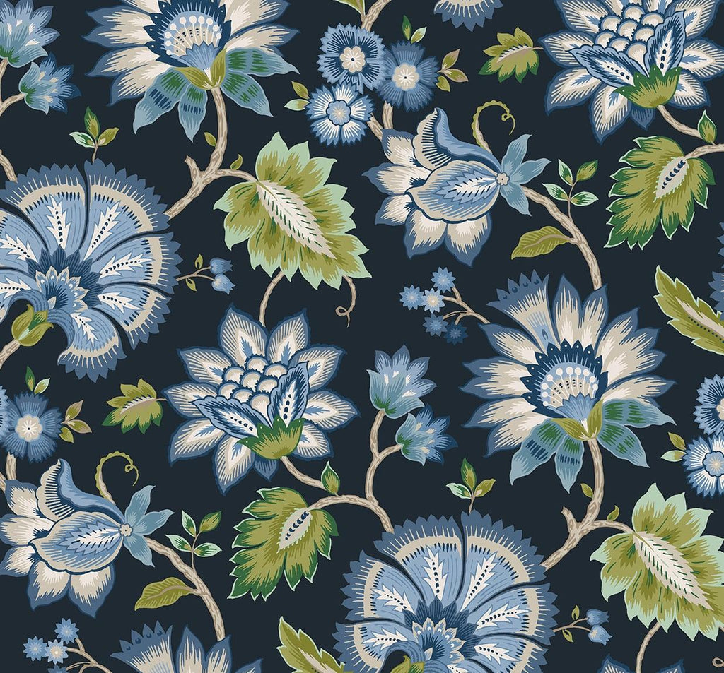Seabrook Jacobean Blossom Floral Blue Wallpaper