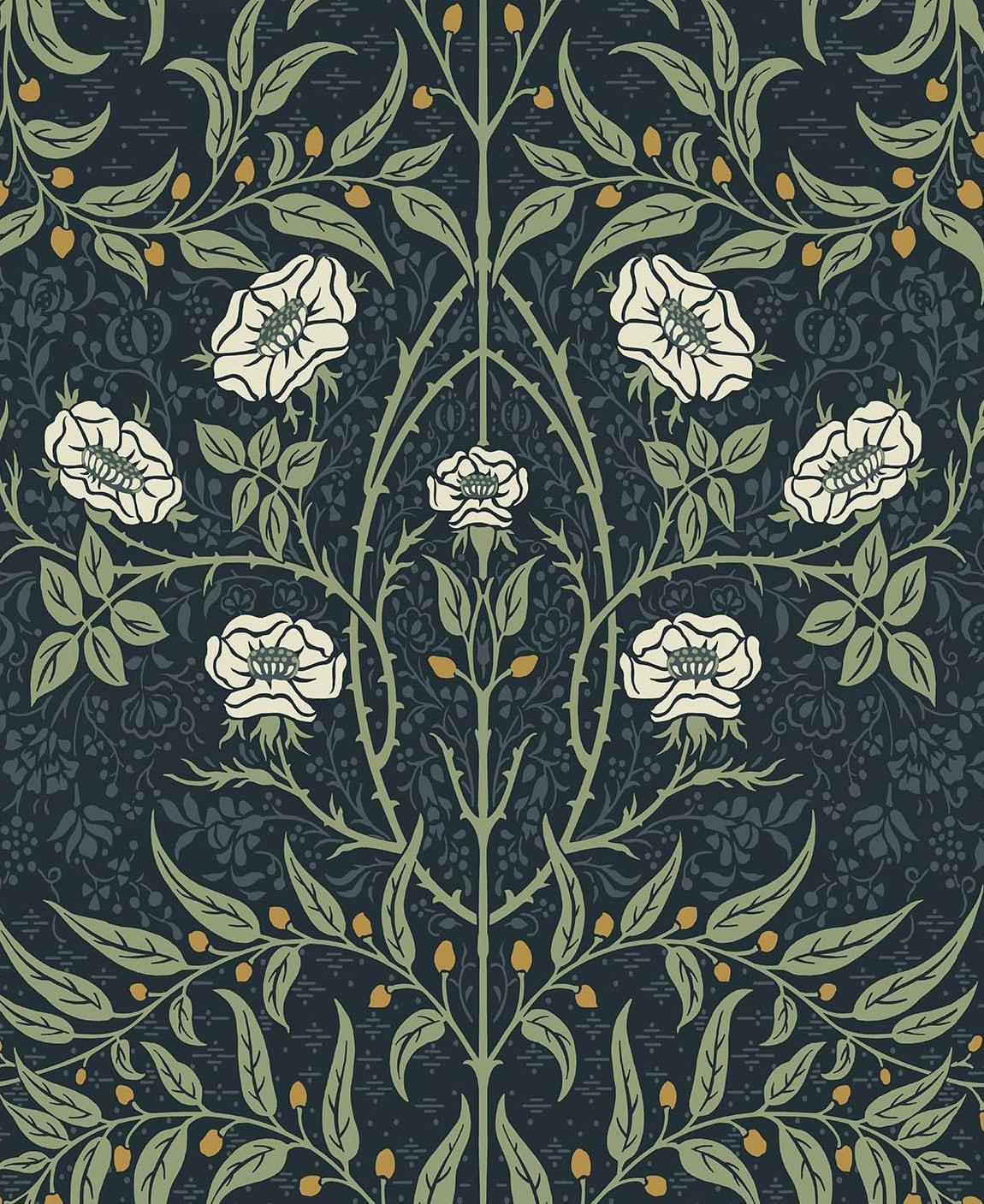 Seabrook Stenciled Floral Navy & Sage Wallpaper