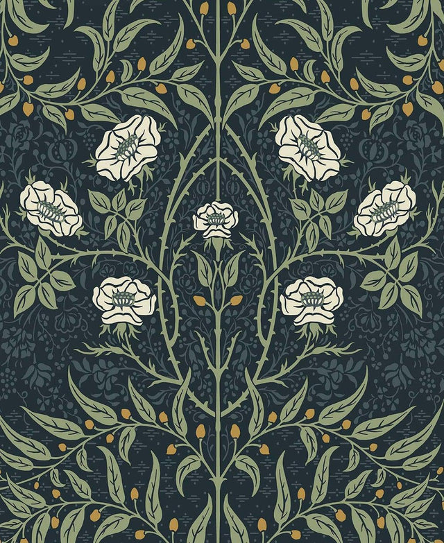 Seabrook Stenciled Floral Navy & Sage Wallpaper