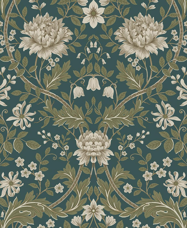 Seabrook Honeysuckle Trail Teal & Moss Green Wallpaper