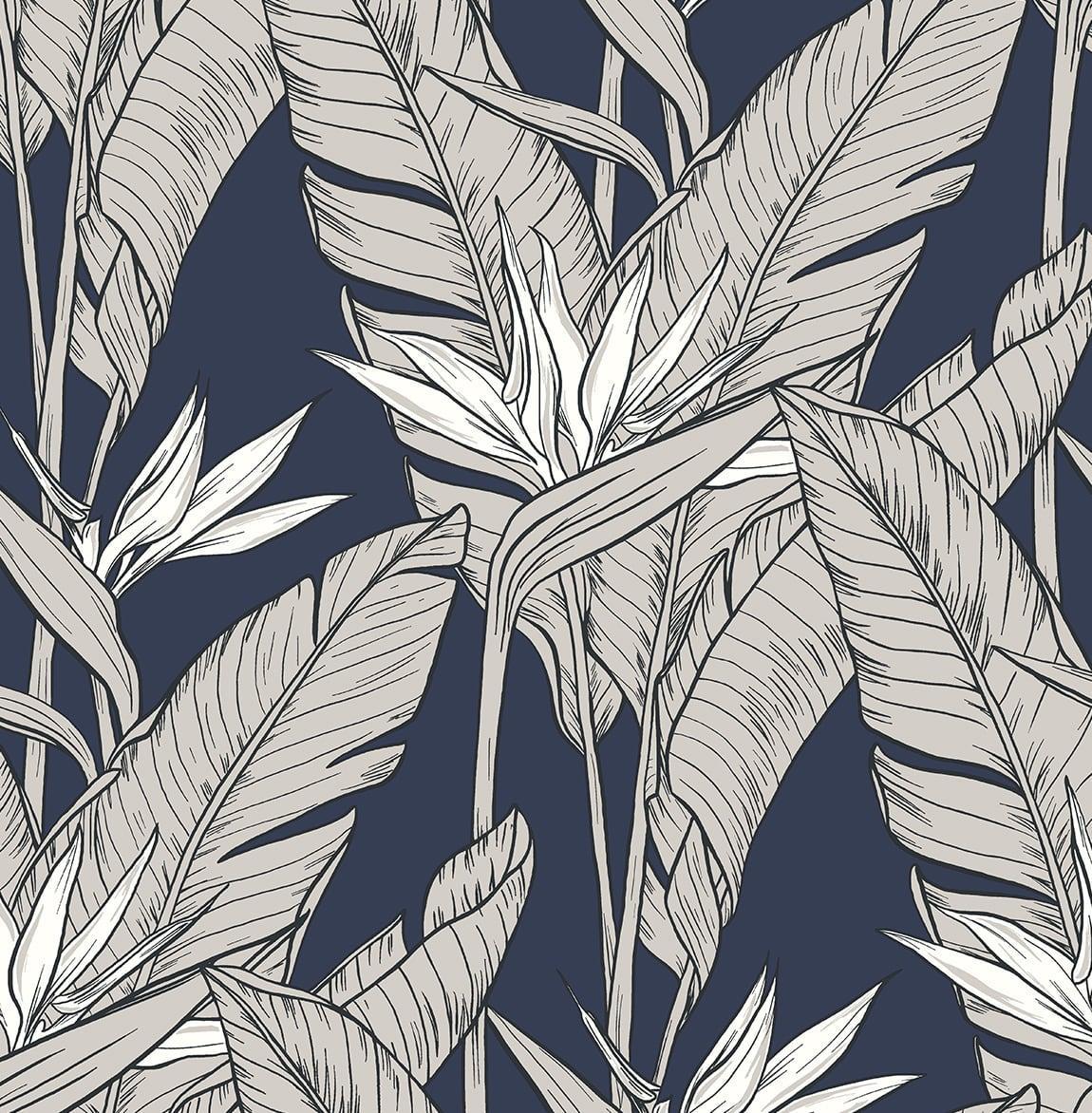 Seabrook Birds of Paradise Navy Blue & Metallic Pewter Wallpaper
