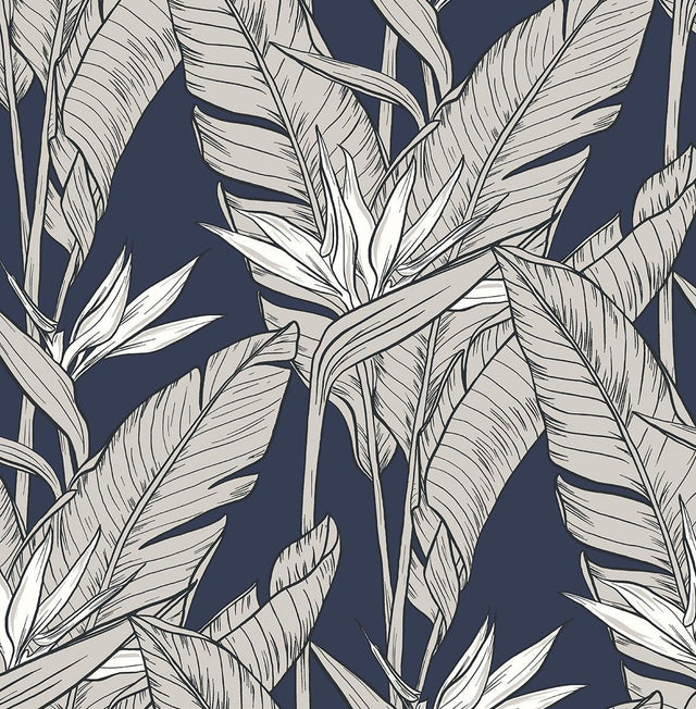 Seabrook Birds of Paradise Navy Blue & Metallic Pewter Wallpaper