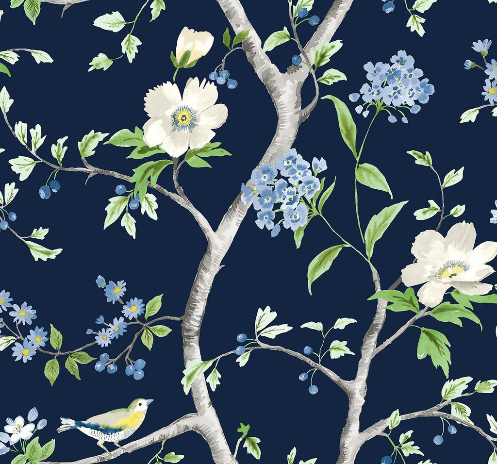 Seabrook Floral Trail Navy Blue & Spring Green Wallpaper