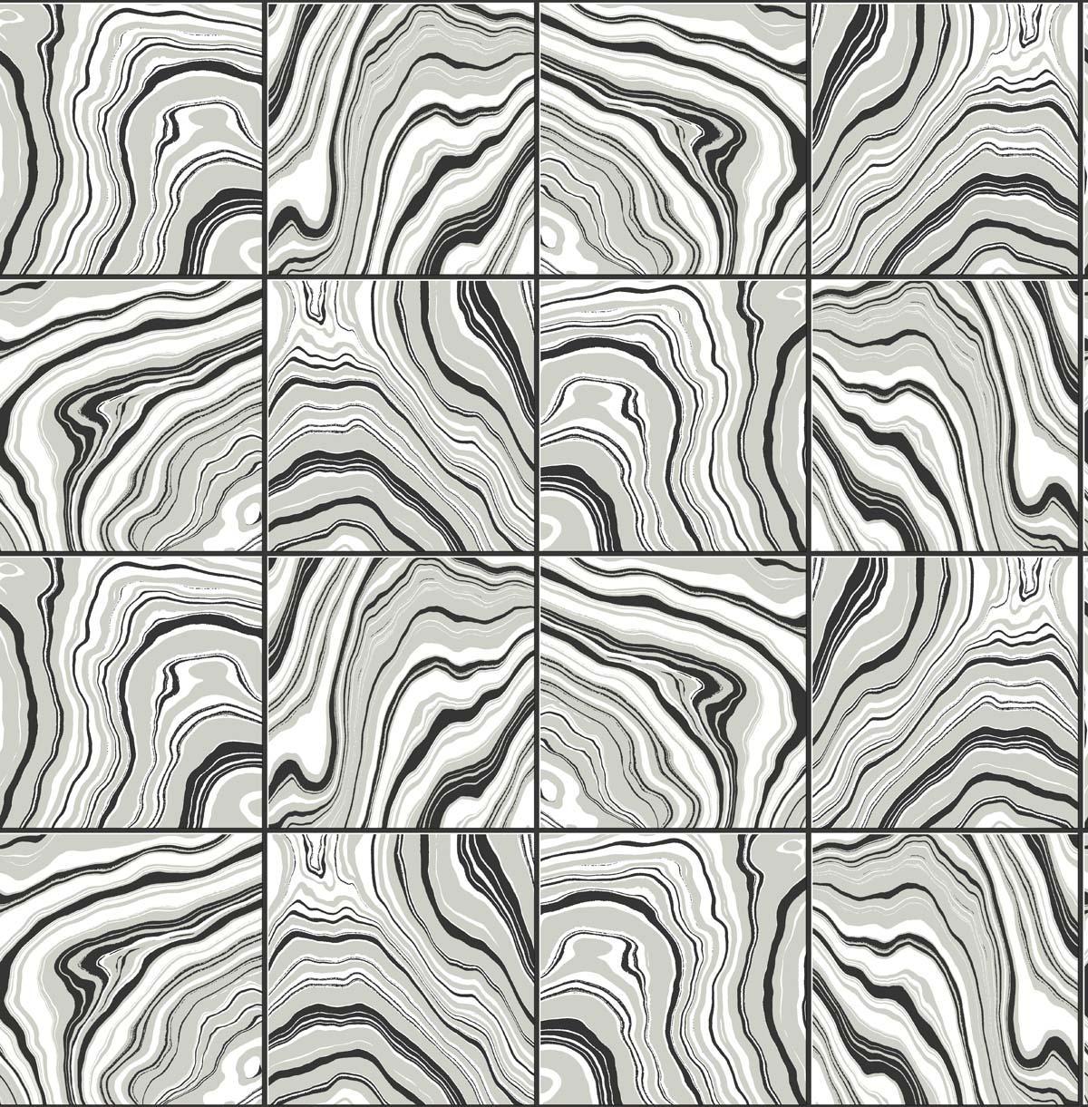Seabrook Marbled Tile Ebony & Metallic Silver Wallpaper