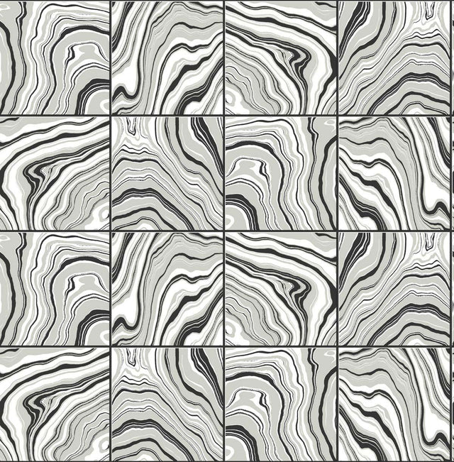 Seabrook Marbled Tile Ebony & Metallic Silver Wallpaper