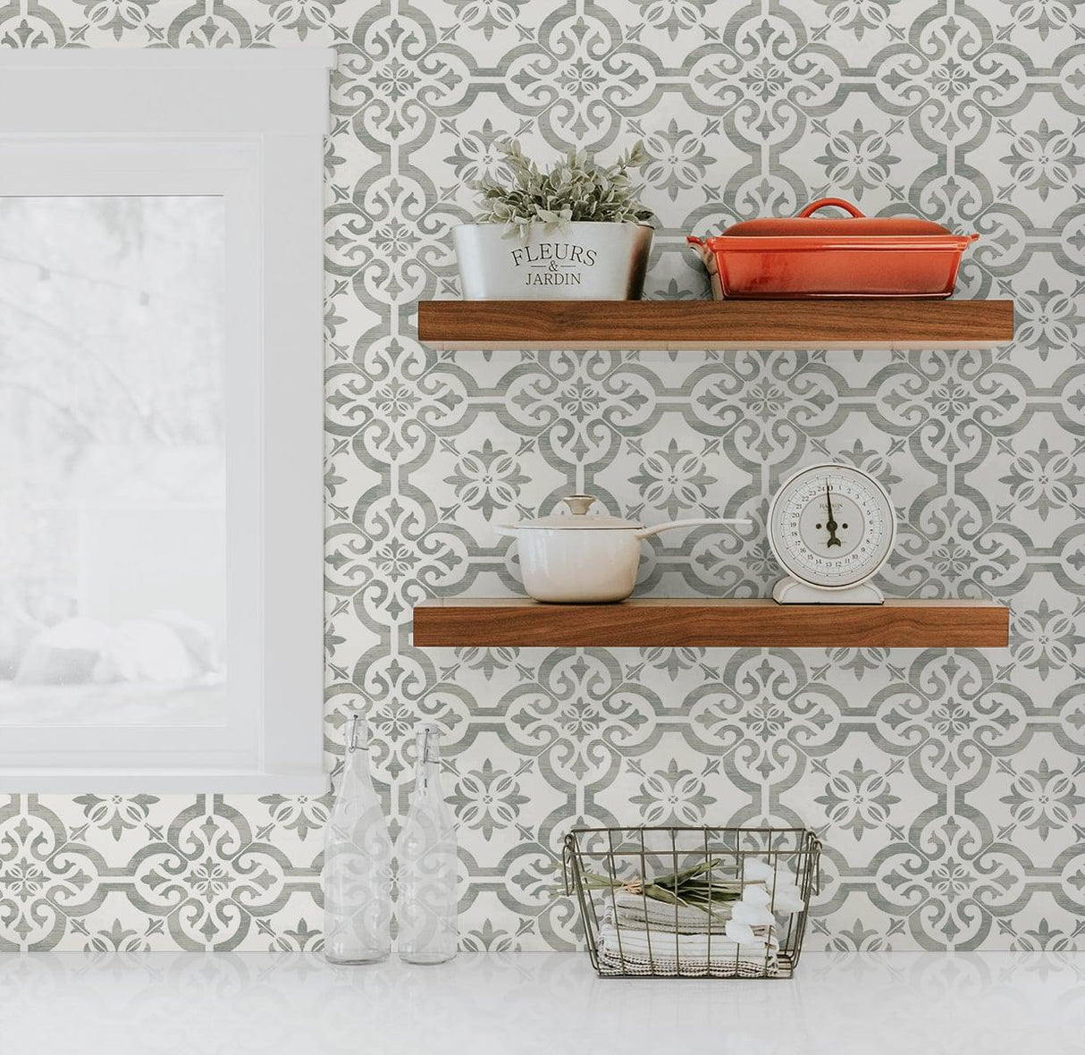 Seabrook Encaustic Faux Tile Grey Wallpaper