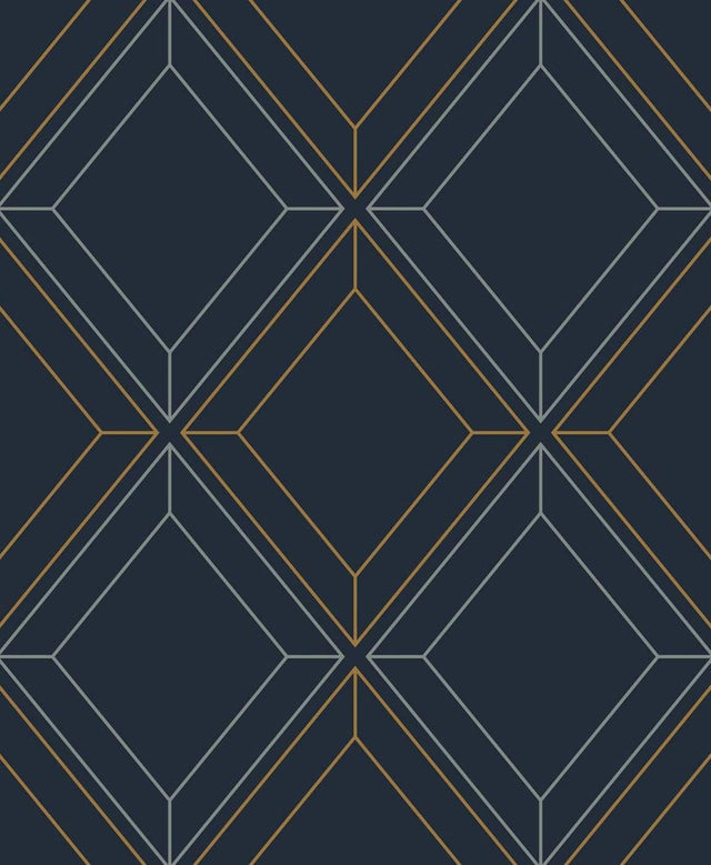 Seabrook Linework Gem Midnight Blue & Metallic Gold Wallpaper