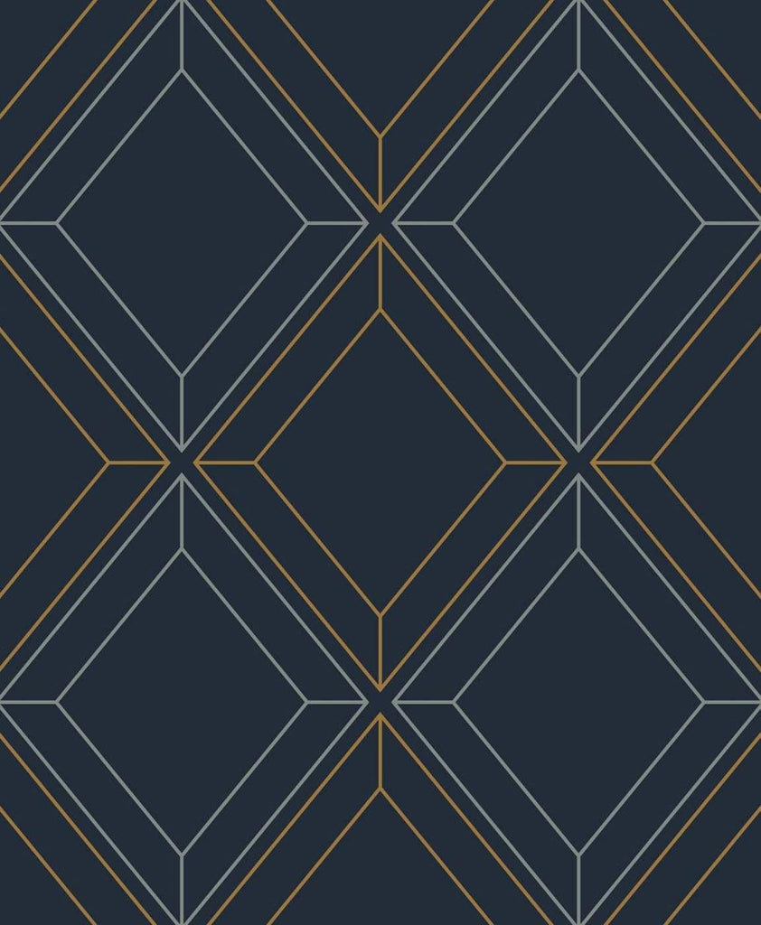 Seabrook Linework Gem Midnight Blue & Metallic Gold Wallpaper